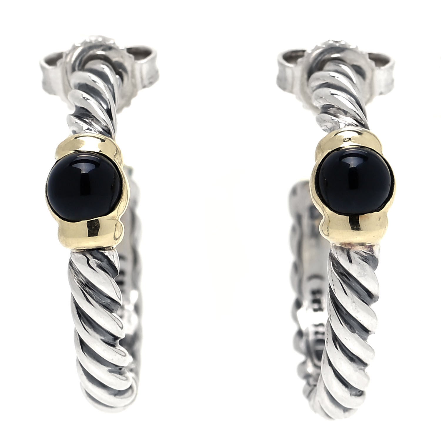 David Yurman Sterling Silver 14K Yellow Gold Black Onyx Cable Classics Station Hoop Earrings 1 of 4