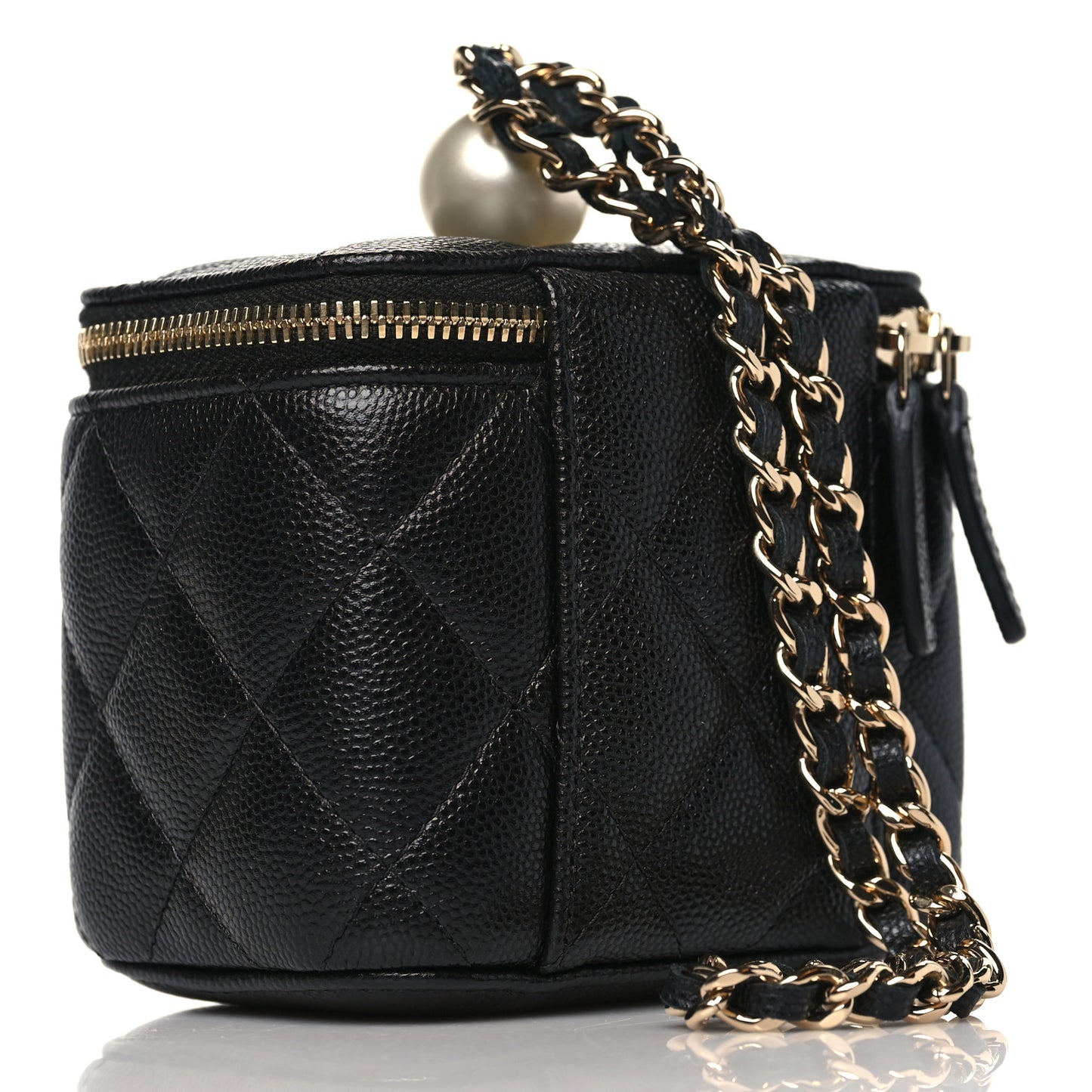 Caviar Quilted Mini Pearl On Top Vanity Case With Chain Black