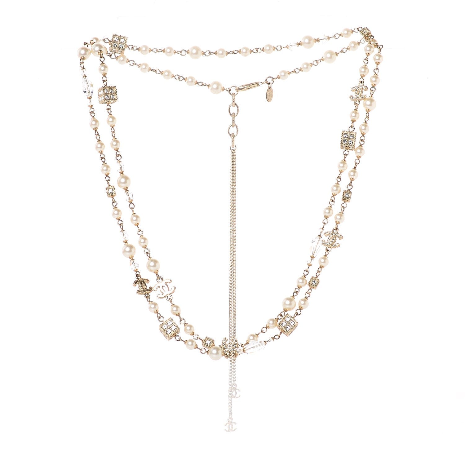 Chanel Pearl Bead Crystal CC Long Necklace Gold 4 of 6