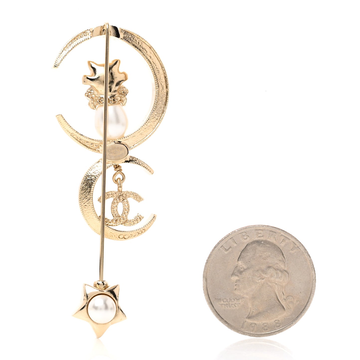 Pearl Crystal CC Drop Cat Moon Brooch Gold