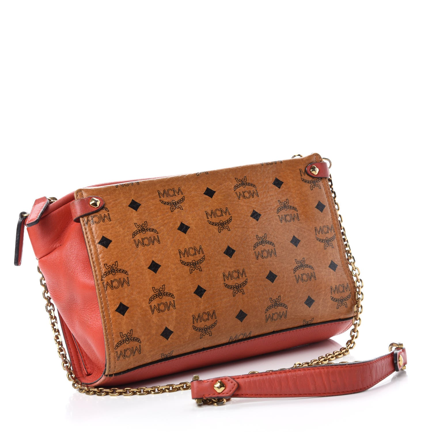 MCM Visetos Bi-Color Chain Crossbody Bag Cognac Red 3 of 18