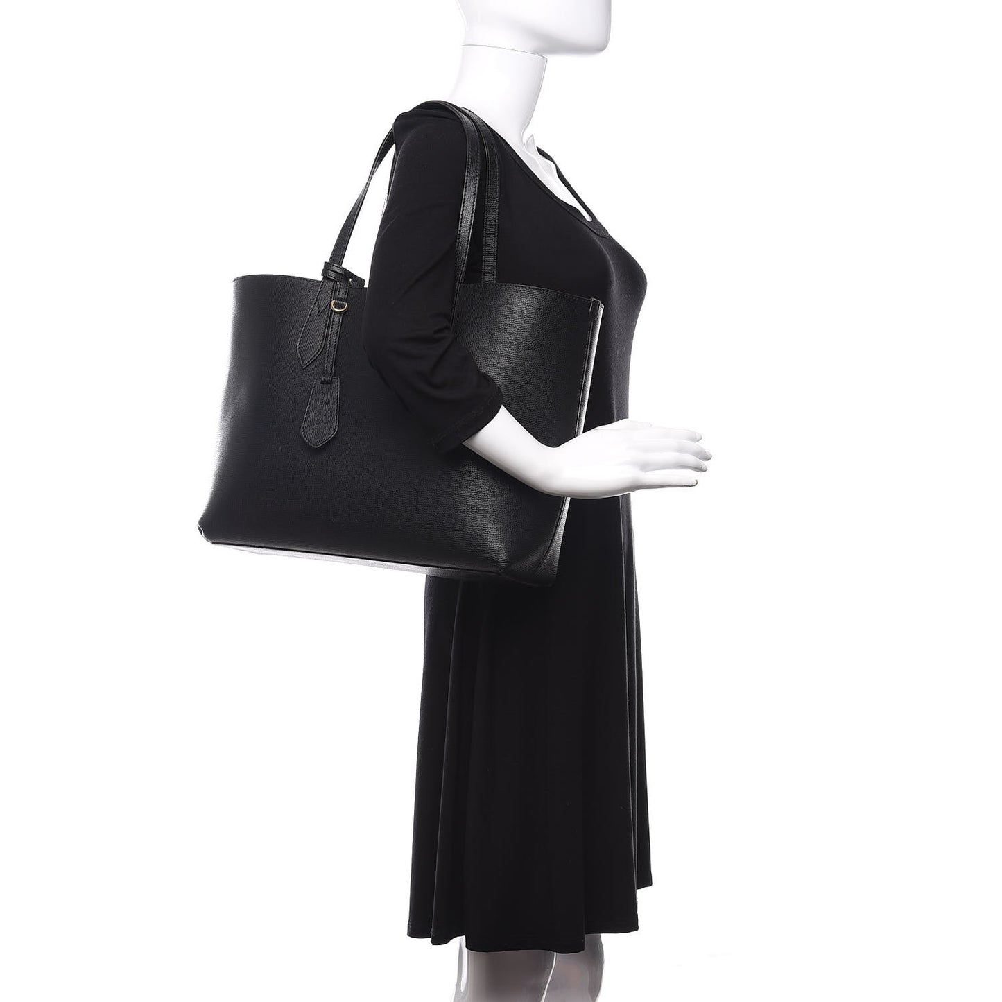 Grainy Calfskin Haymarket Check Medium Reversible Tote Black