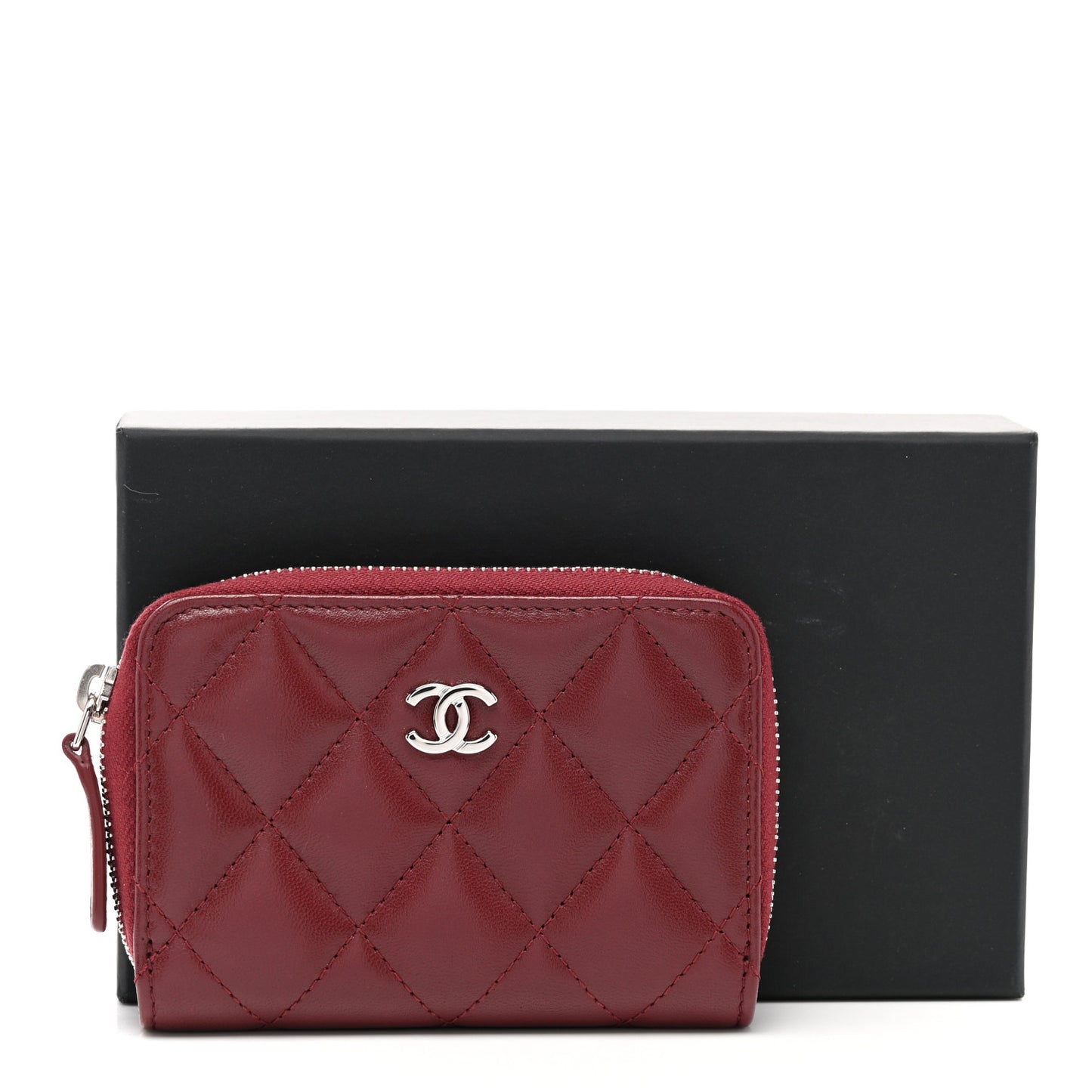 Lambskin Quilted Zip Around Coin Purse Wallet Burgundy