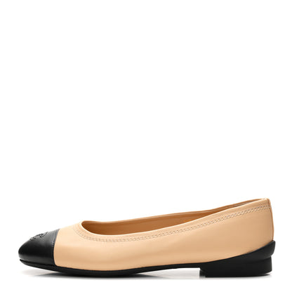 Chanel Lambskin Cap Toe CC Uniform Ballerina Flats 38.5 Beige Black 1 of 9