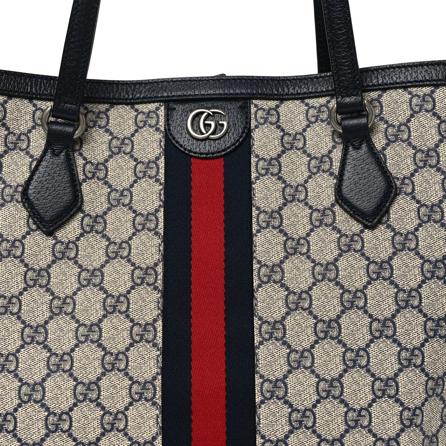 GG Supreme Monogram Textured Calfskin Web Medium Ophidia Shopping Tote Beige Blue
