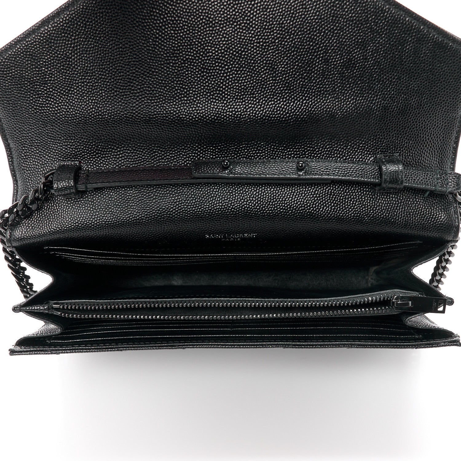 Saint Laurent Grain De Poudre Matelasse Chevron Monogram Monochrome Chain Wallet Black 5 of 11