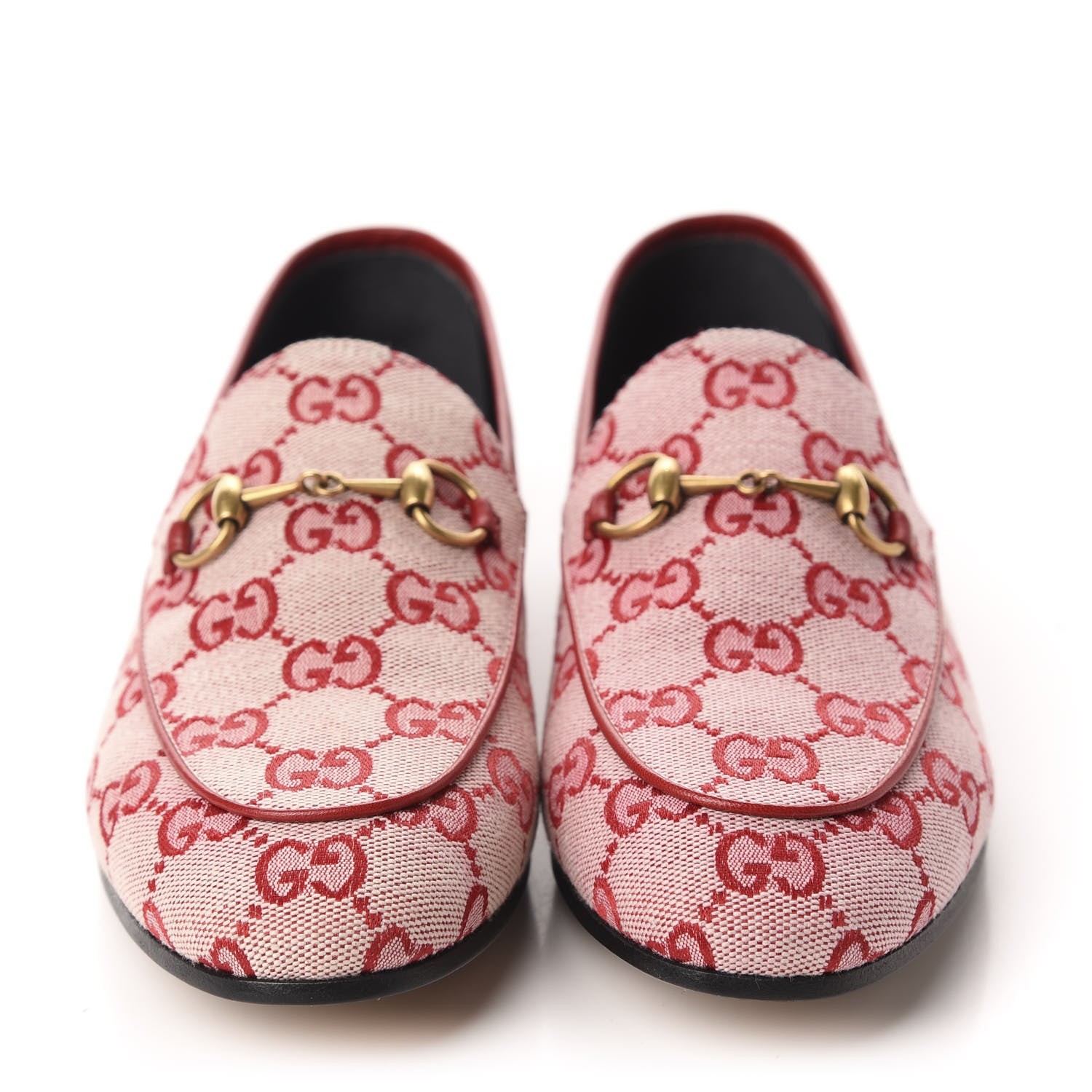 Gucci Canvas GG Monogram Horsebit Womens Jordaan Loafers 37 Gardenia Hibiscus Red 2 of 11
