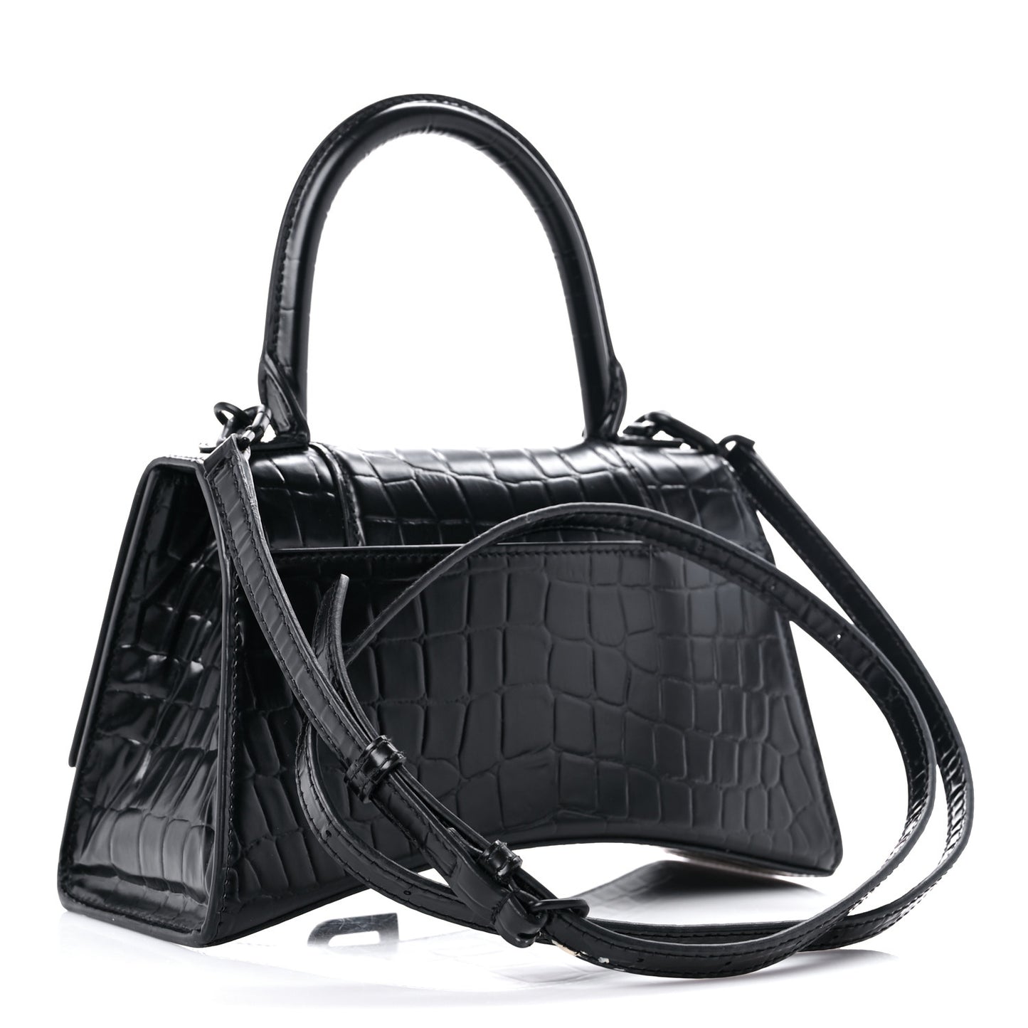 Shiny Calfskin Monochrome Crocodile Embossed Small Hourglass Top Handle Bag Black