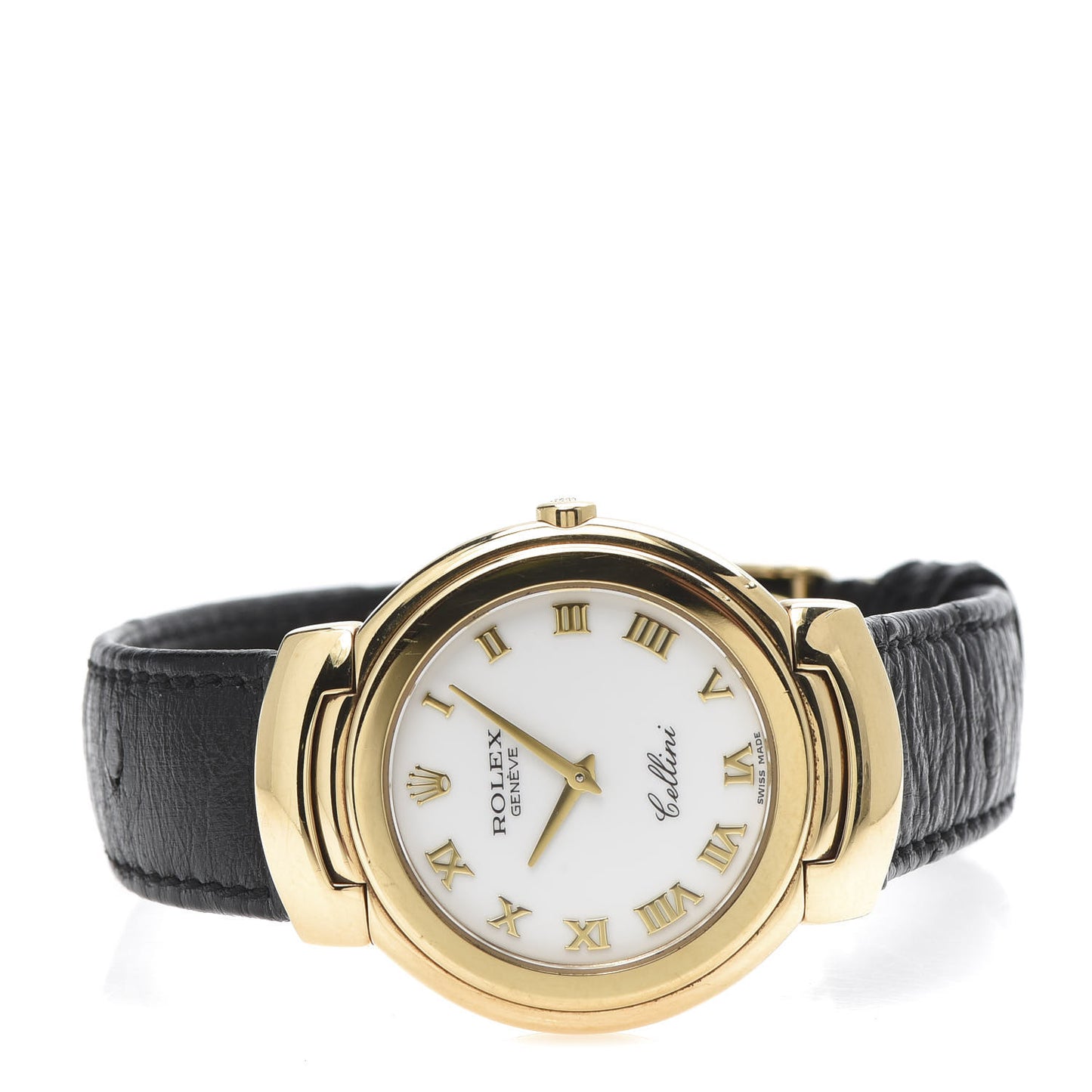18K Yellow Gold Ostrich 33mm Cellini Quartz Watch Black 6622