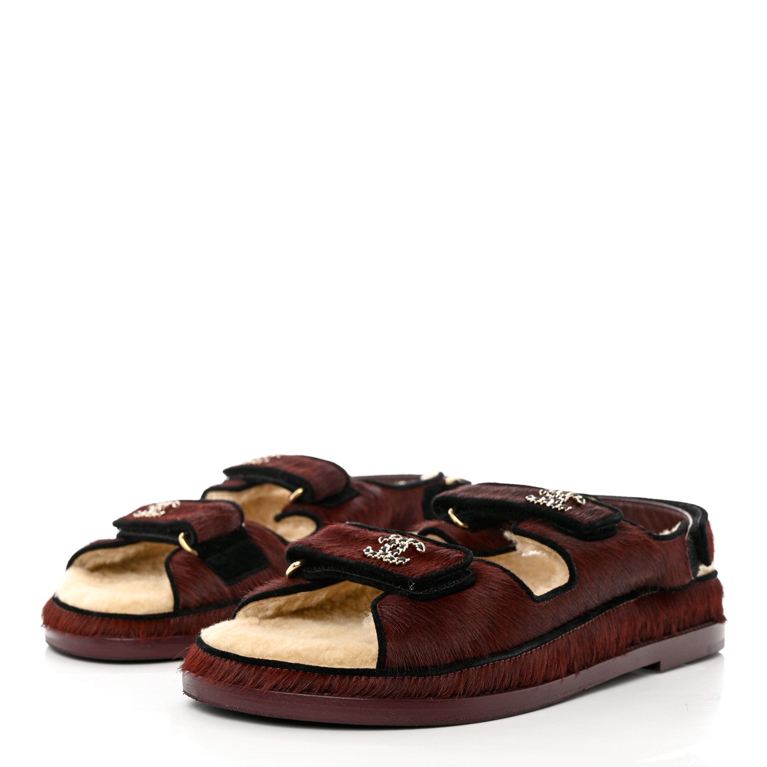 Chanel Calf Hair Suede Shearling Dad Sandals 40 Burgundy Black 3 of 9
