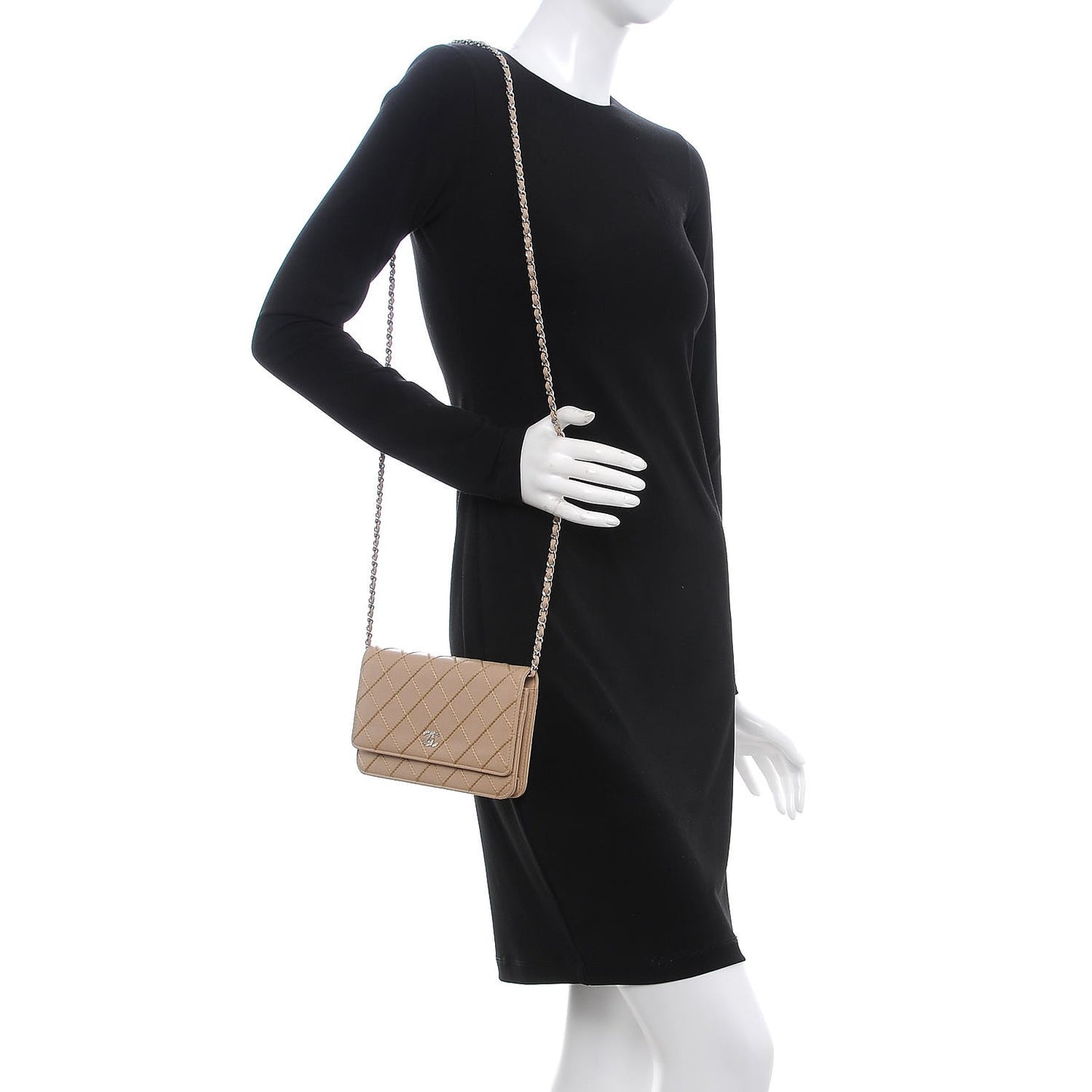 Calfskin Diamond Stitch Wallet On Chain WOC Beige