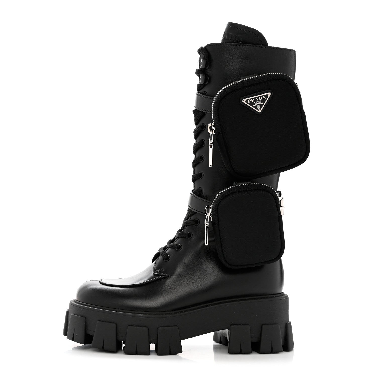 Prada Vitello Lux Nylon Metal Triangle Logo Monolith Pouch Pocket 55mm Tall Combat Boots 35 Black 1 of 10