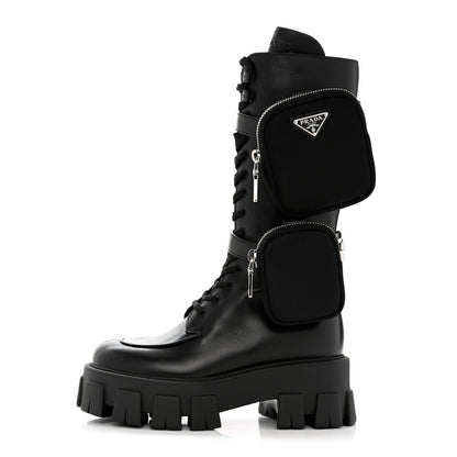 Prada Vitello Lux Nylon Metal Triangle Logo Monolith Pouch Pocket 55mm Tall Combat Boots 35 Black 1 of 10