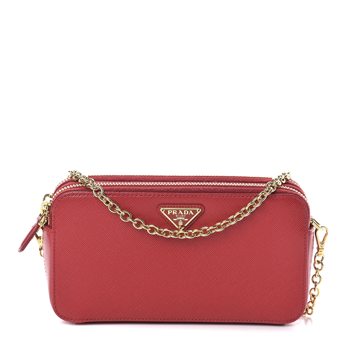 Saffiano Lux Mini Double Zip Chain Crossbody Bag Fuoco