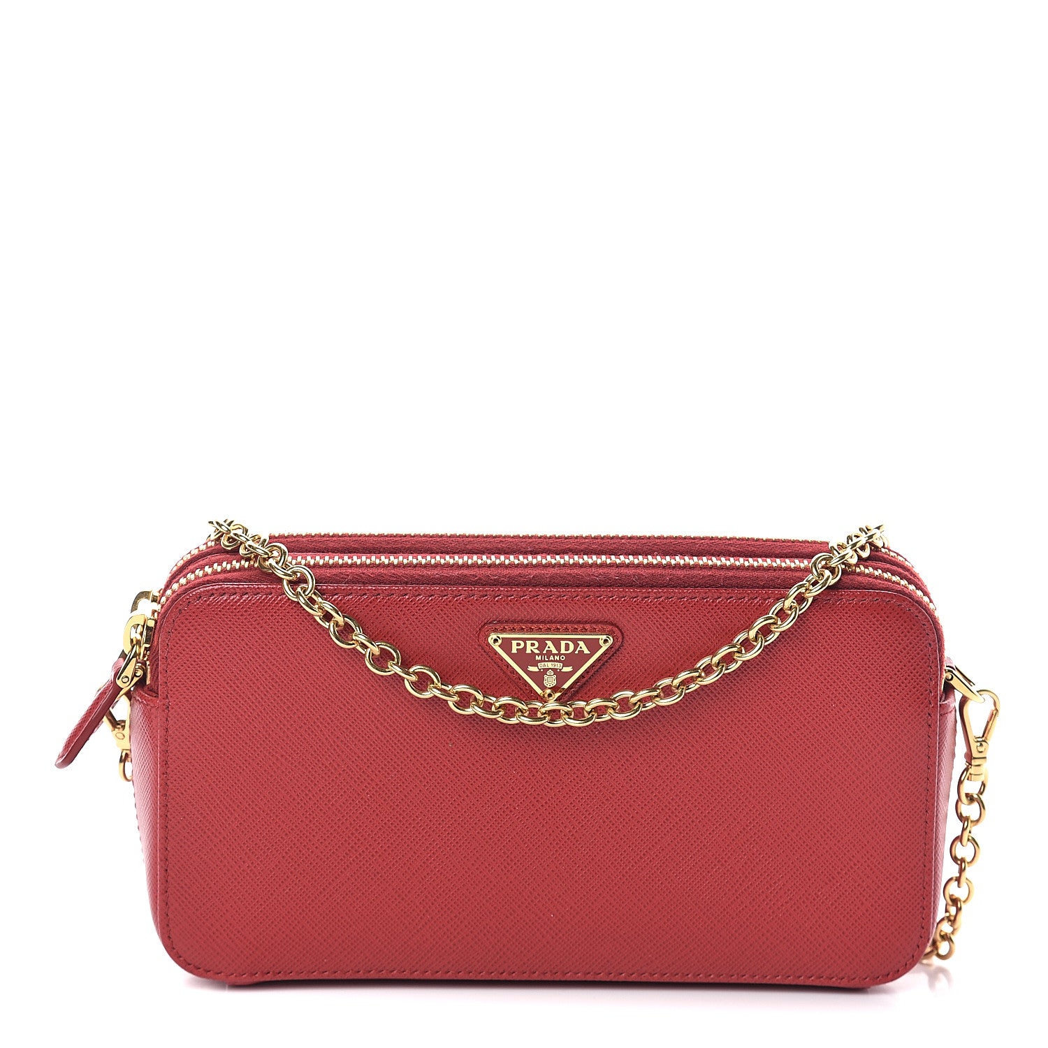 Prada Saffiano Lux Mini Double Zip Chain Crossbody Bag Fuoco 1 of 9