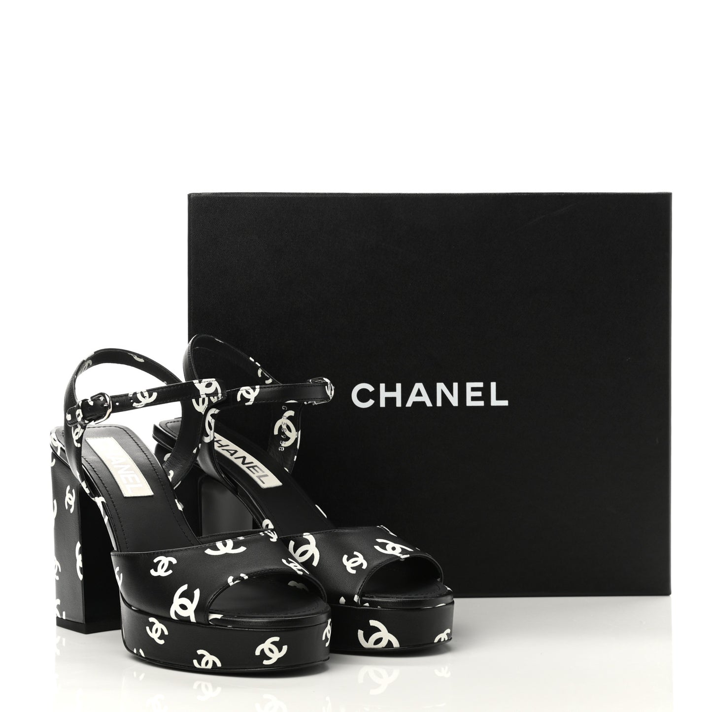 Printed Lambskin CC Platform Sandals 39 Black White