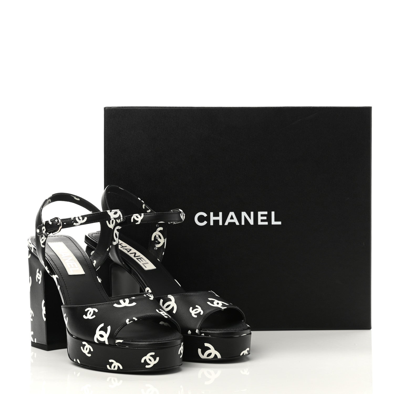 Chanel Printed Lambskin CC Platform Sandals 39 Black White 9 of 9