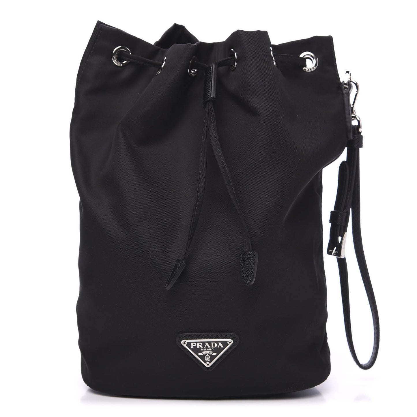 Saffiano Tessuto Nylon Vela Bucket Wristlet Black