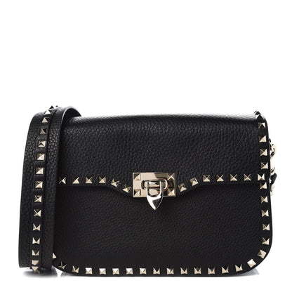 Valentino Garavani Pebbled Calfskin Medium Rockstud Flap Saddle Bag Black 1 of 7