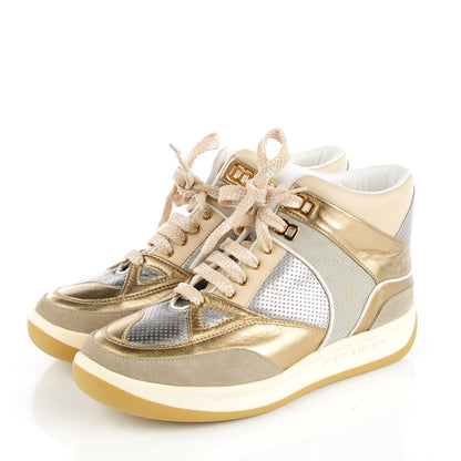 Louis Vuitton Metallic Calfskin Perforated High Top Sneakers 37.5 Gold Silver 3 of 9