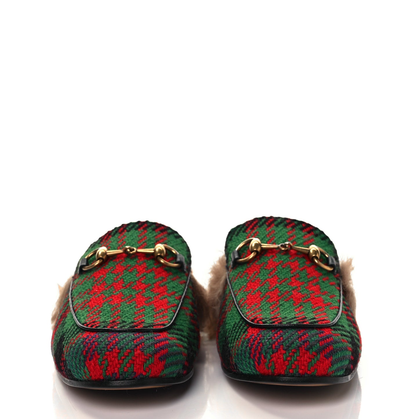 Tweed Fur Prince Wales Plaid Mens Princetown Slippers 8 Green Blue Red Natural