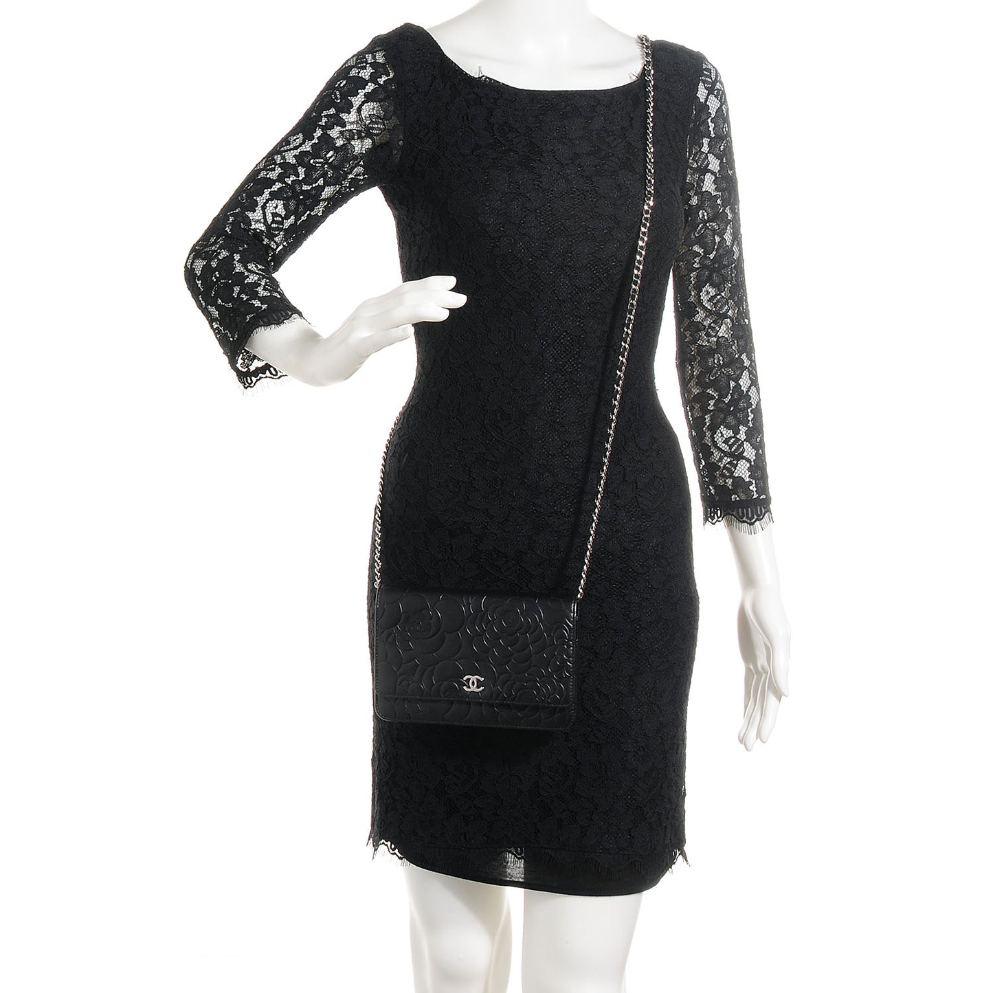 Lambskin Camellia Wallet on Chain WOC Black