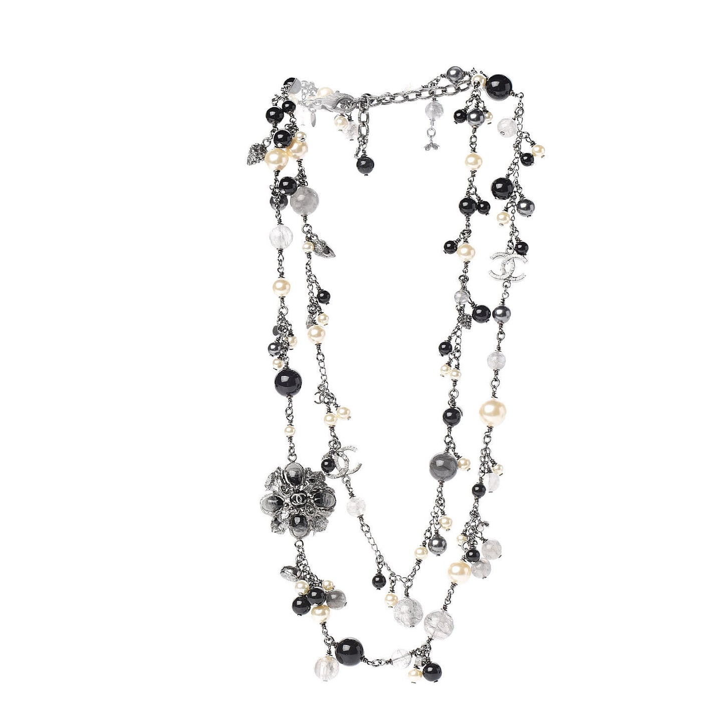 Pearl Crystal Bead CC Long Necklace Black