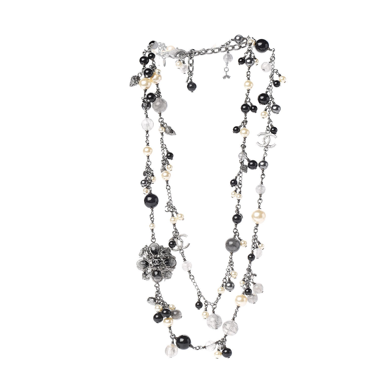 Chanel Pearl Crystal Bead CC Long Necklace Black 3 of 5