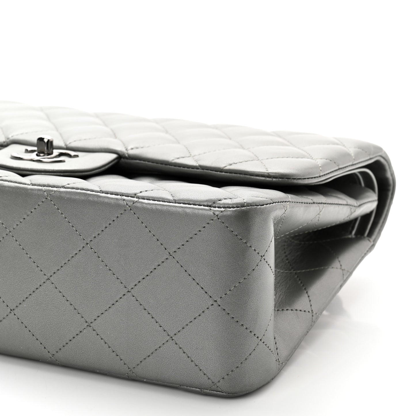 Metallic Calfskin Quilted Jumbo Double Flap Silver