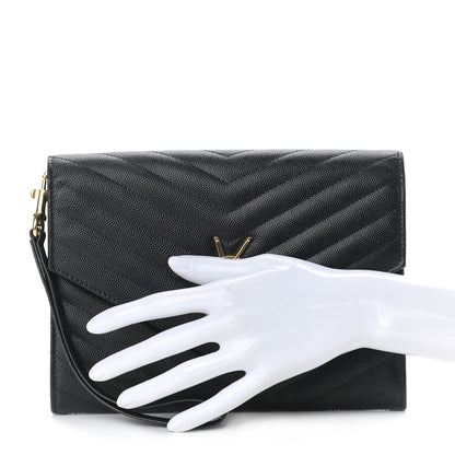 Saint Laurent Grain De Poudre Matelasse Chevron Monogram Envelope Clutch Black 2 of 8