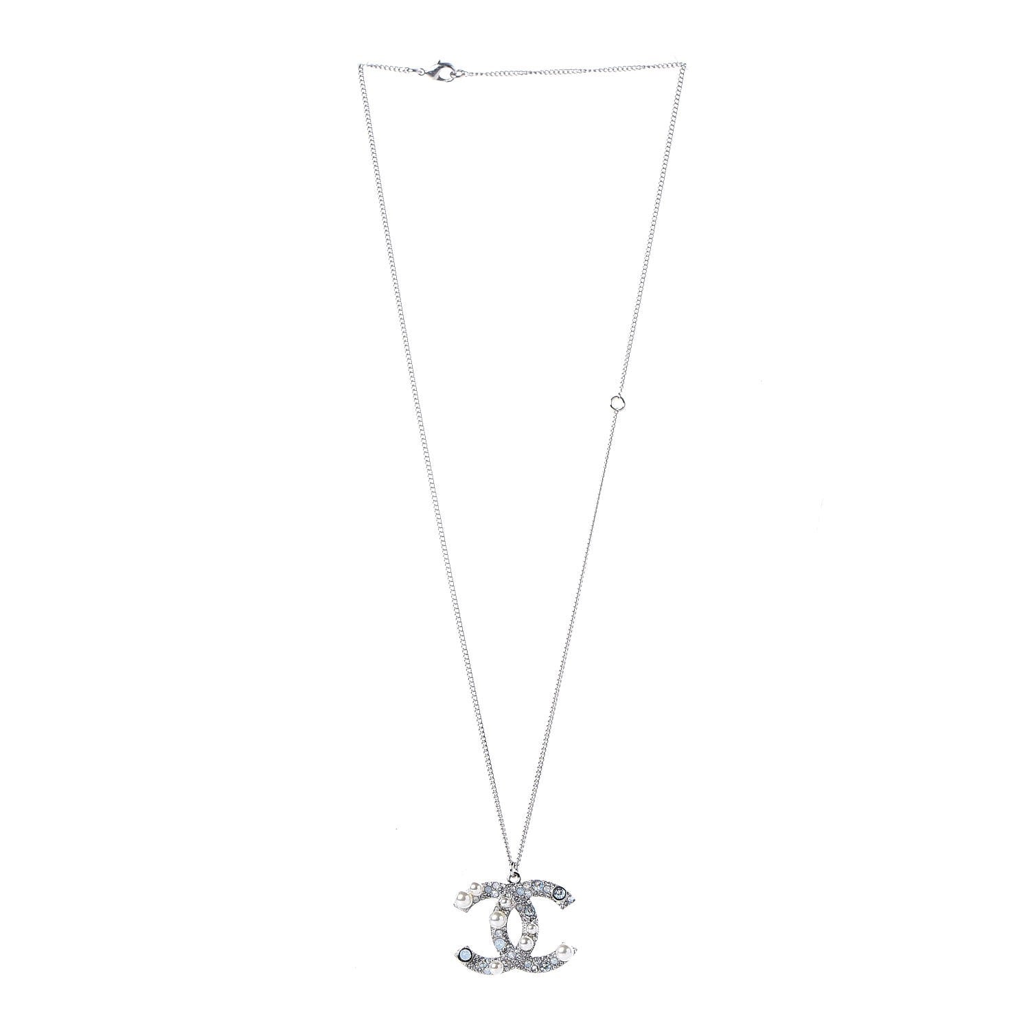 Chanel Crystal Pearl CC Pendant Necklace Silver 4 of 5