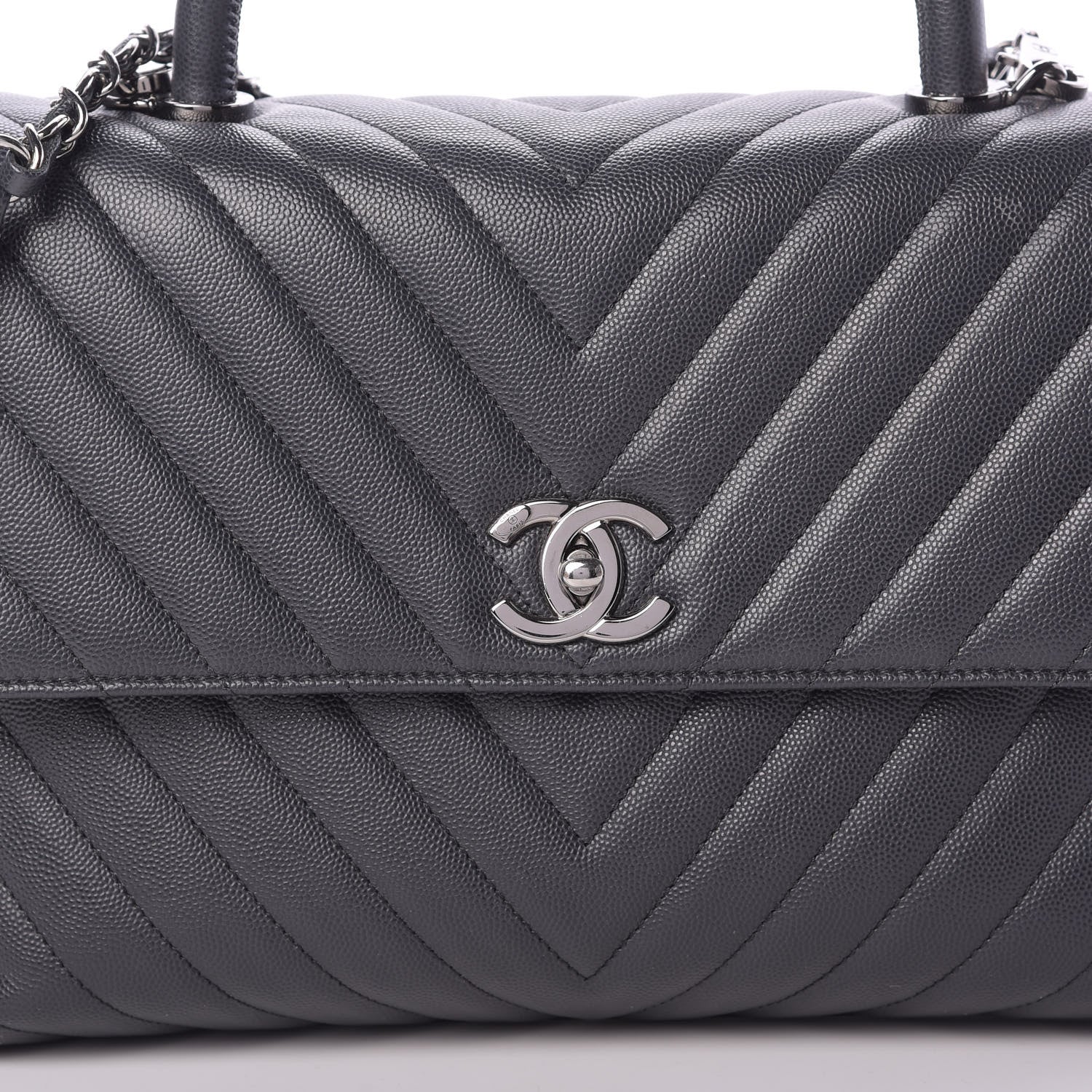 Chanel Caviar Chevron Quilted Medium Coco Handle Flap Dark Grey 9 of 13
