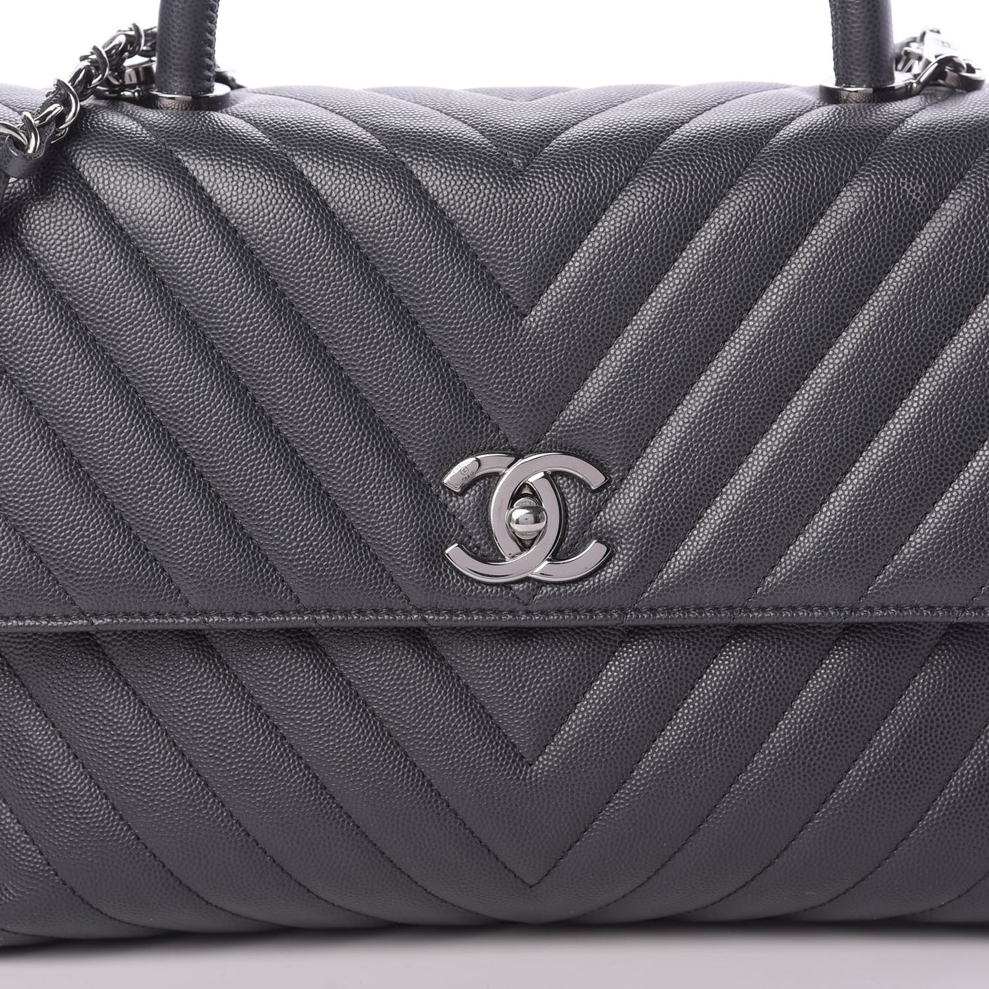 Caviar Chevron Quilted Medium Coco Handle Flap Dark Grey