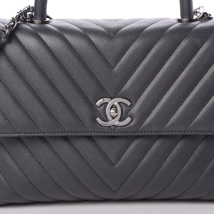 Chanel Caviar Chevron Quilted Medium Coco Handle Flap Dark Grey 9 of 13