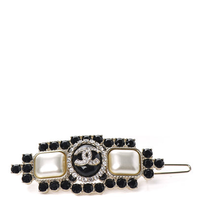 Chanel Pearl Crystal Resin Dazzling Domino CC Barrette Gold Black 1 of 3