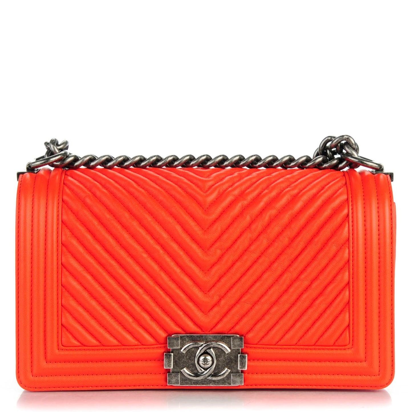 Wrinkled Lambskin Chevron Quilted Medium Boy Flap Orange