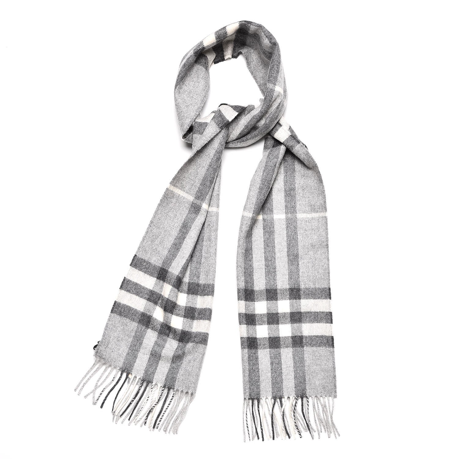 Burberry Cashmere Giant Check Fringe Scarf Pale Grey 1 of 6