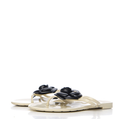 Chanel Jelly Camellia Thong Sandals 37 Ivory Black 3 of 9