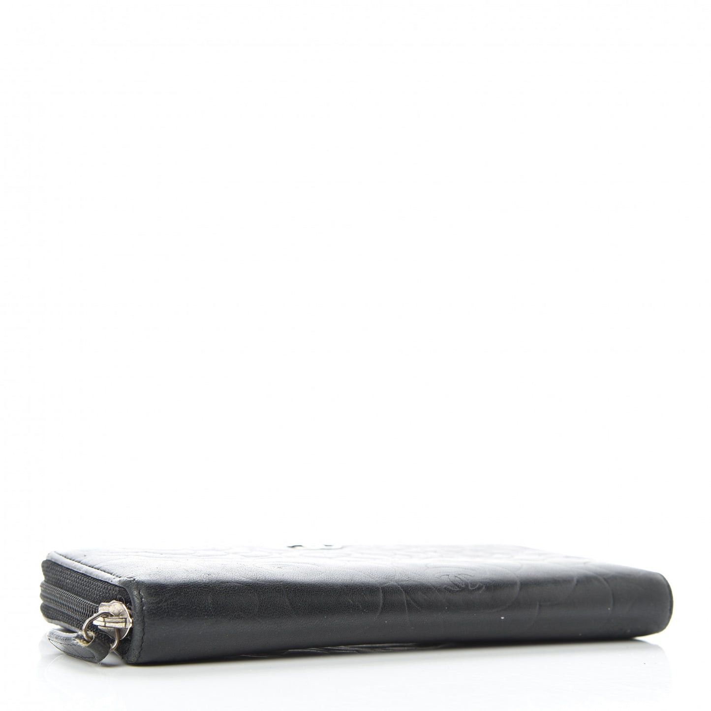 Lambskin Camellia Embossed Large Zip Around Gusset Wallet Black