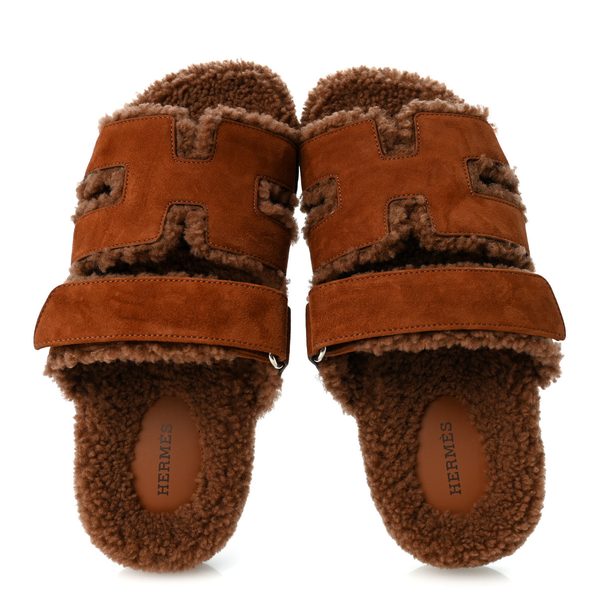 Hermes Suede Goatskin Shearling Womens Chypre Sandals 38.5 Gold 2 of 9