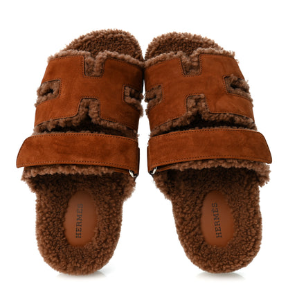 Hermes Suede Goatskin Shearling Womens Chypre Sandals 38.5 Gold 2 of 9