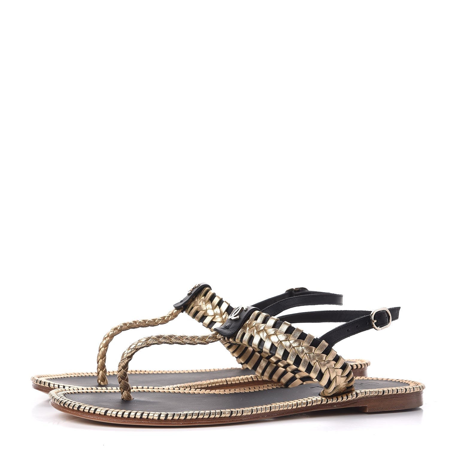 Chanel Metallic Lambskin Calfskin Braided Thong Sandals 40 Black Gold 3 of 7