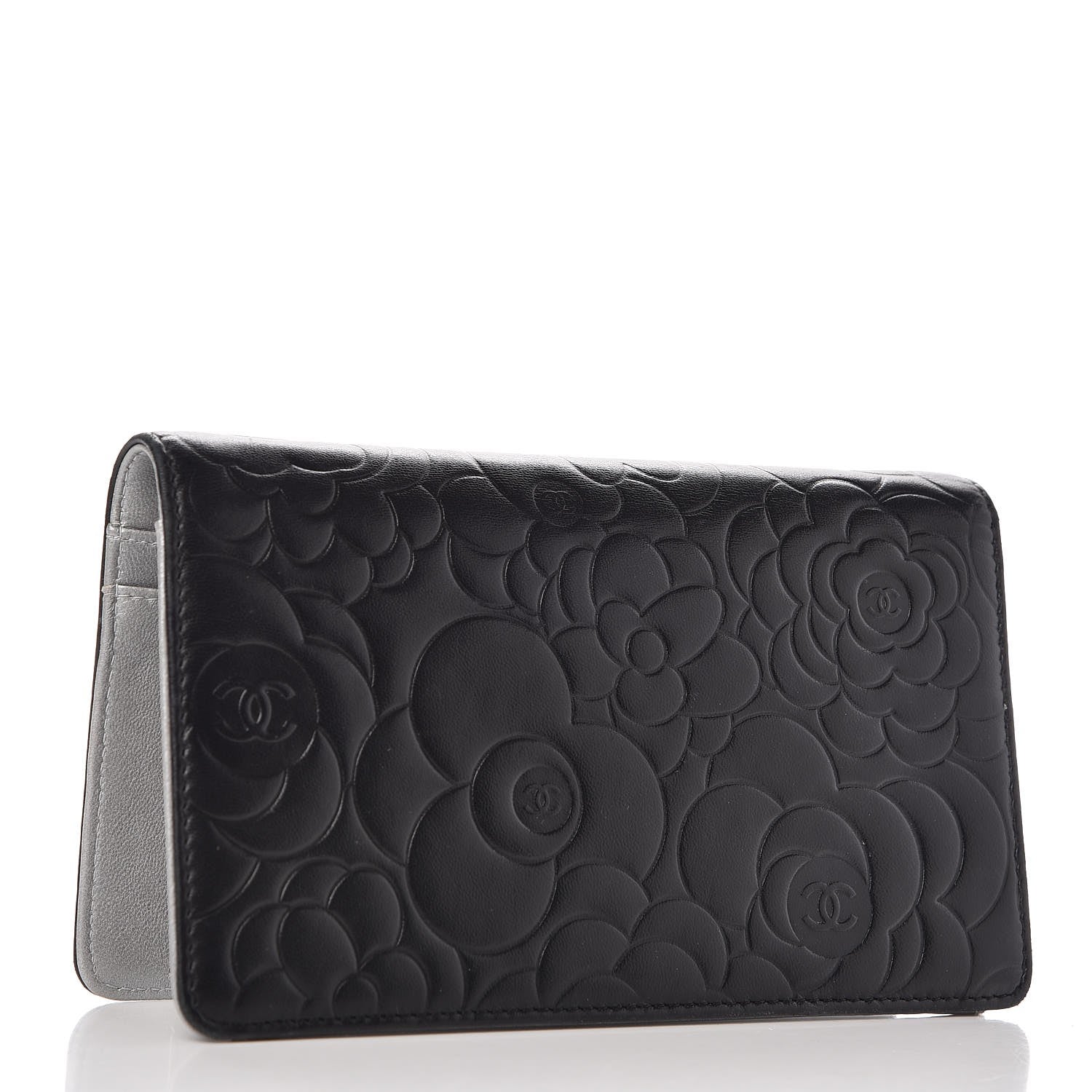 Chanel Lambskin Camellia Embossed Yen Wallet Black 3 of 8