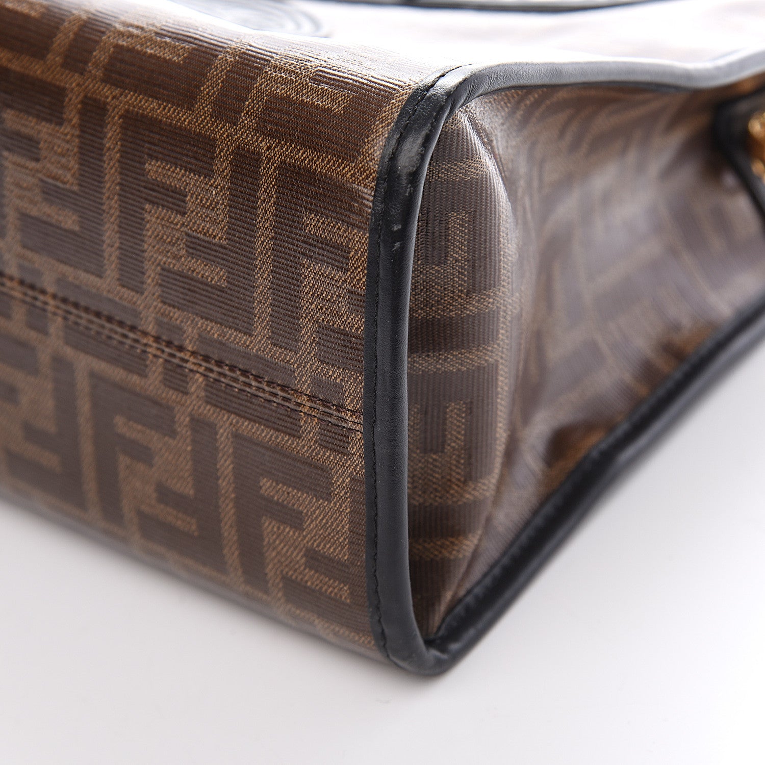 Fendi Glazed Fabric Vitello Century Plexiglass FF 1974 Stamp Patch Small Runaway Shopper Tote Mogano Panna Black 5 of 10