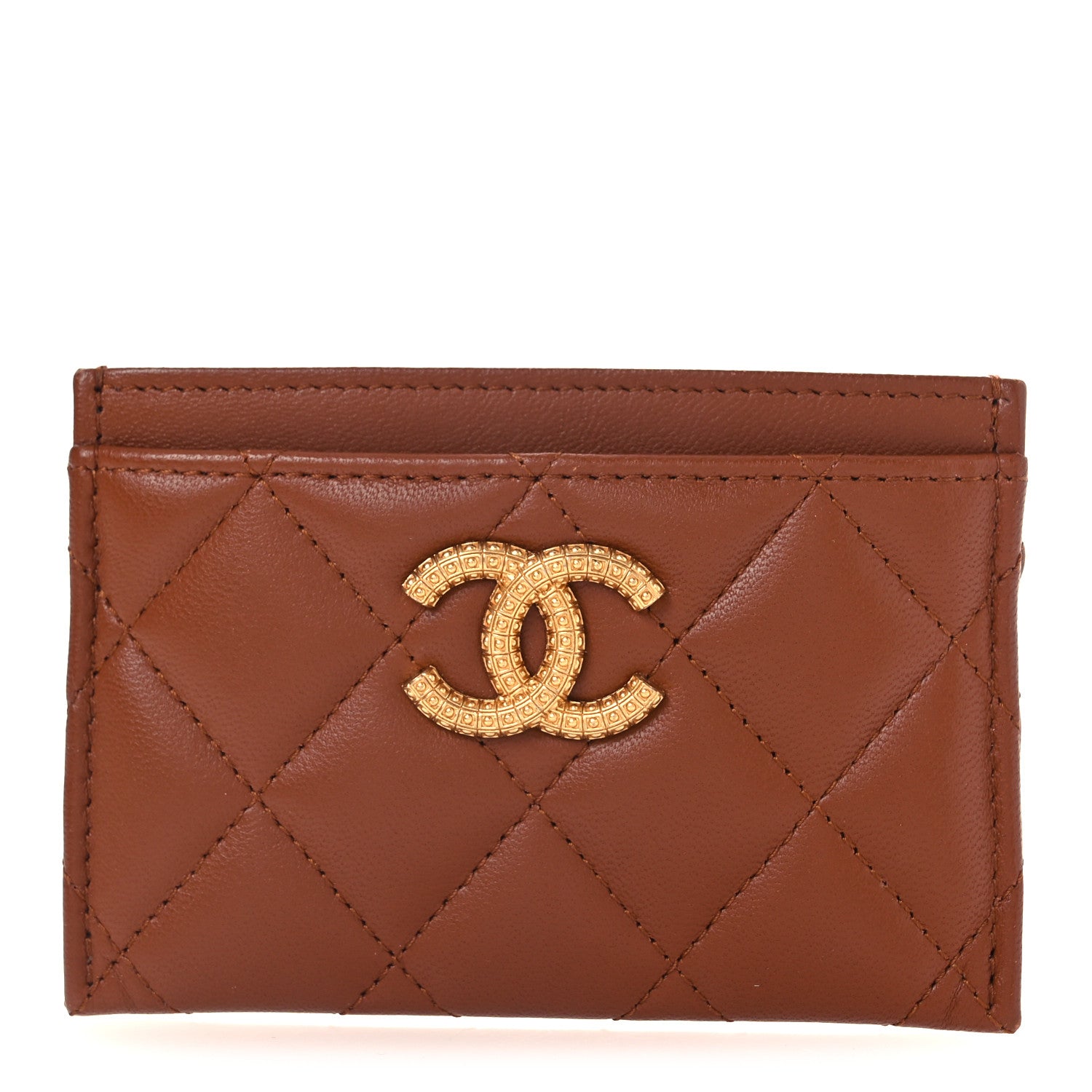 Chanel Lambskin Quilted Studded CC Card Holder Light Brown 1 of 9