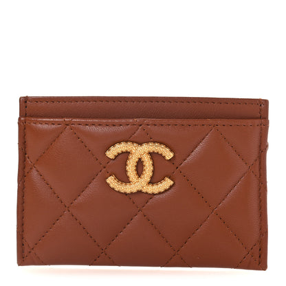Chanel Lambskin Quilted Studded CC Card Holder Light Brown 1 of 9