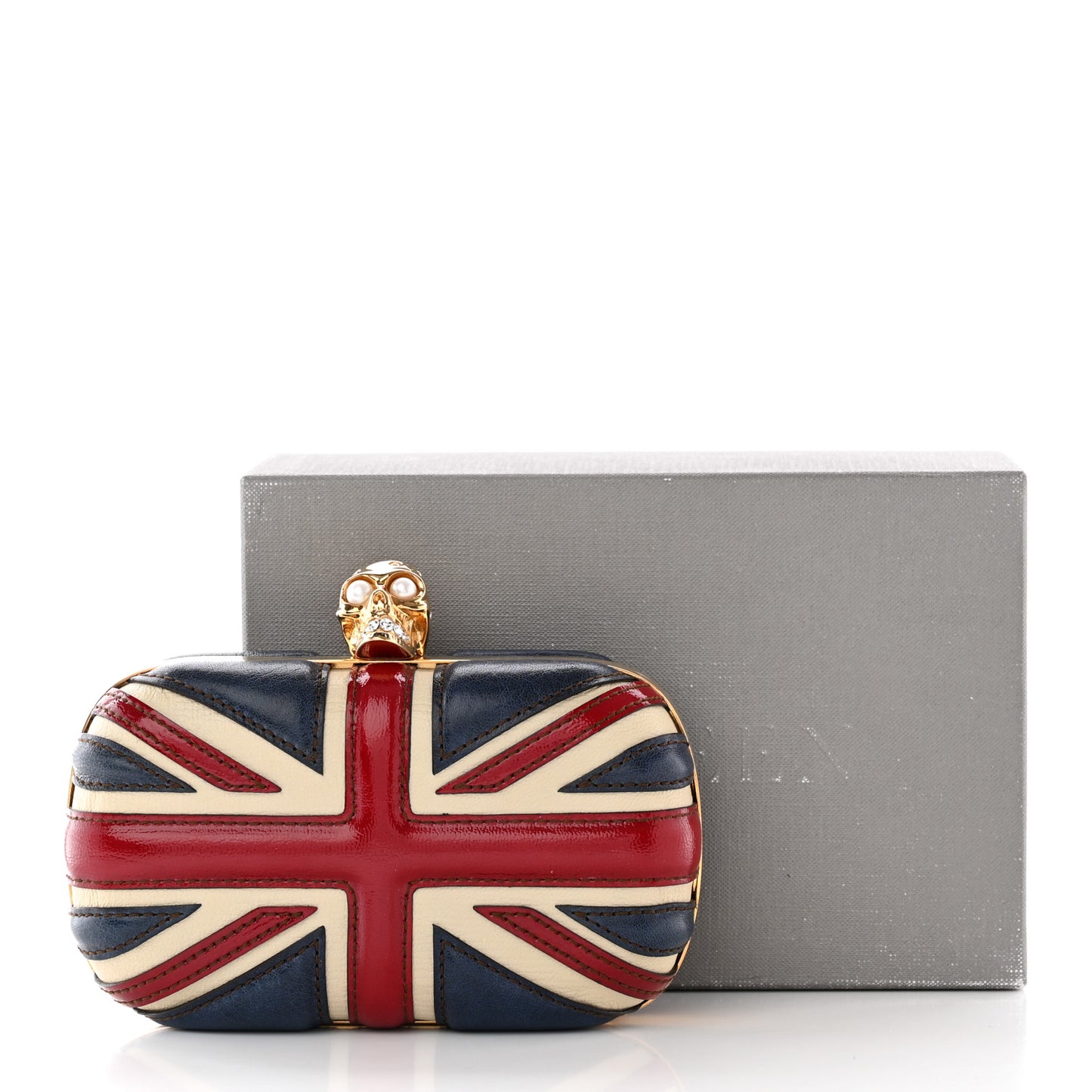 Patent Calfskin Britannia Skull Box Clutch Red Blue
