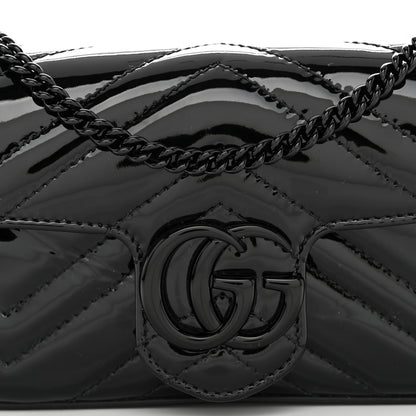 Gucci Patent Lambskin Enamel Matelasse Monochrome Super Mini GG Marmont Shoulder Bag Black 7 of 9