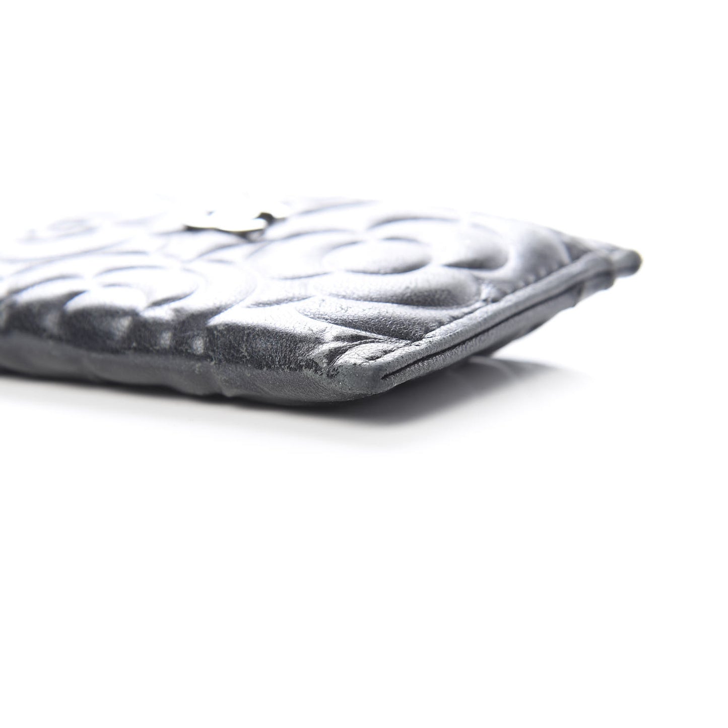 Lambskin Camellia Embossed Card Holder Black