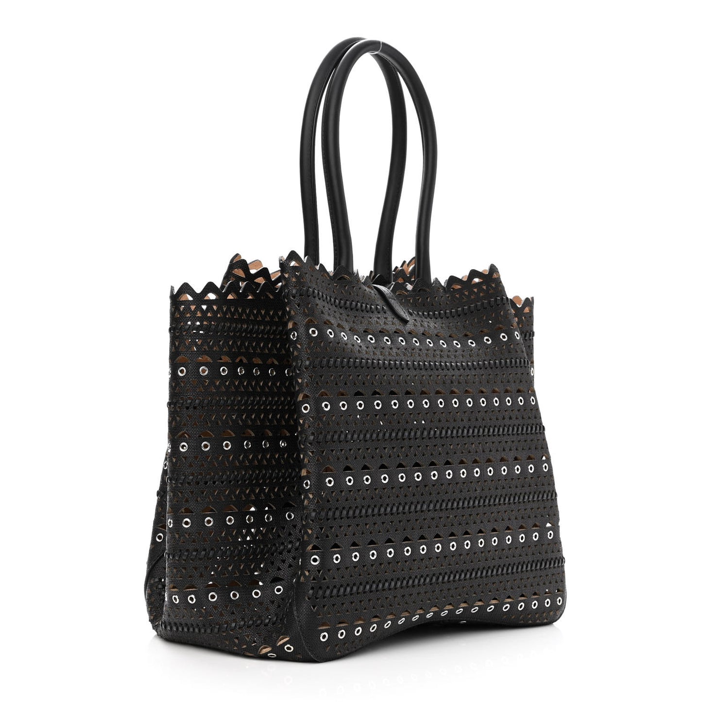 Calfskin Laser Cut Grommet Angele 25 Tote Black